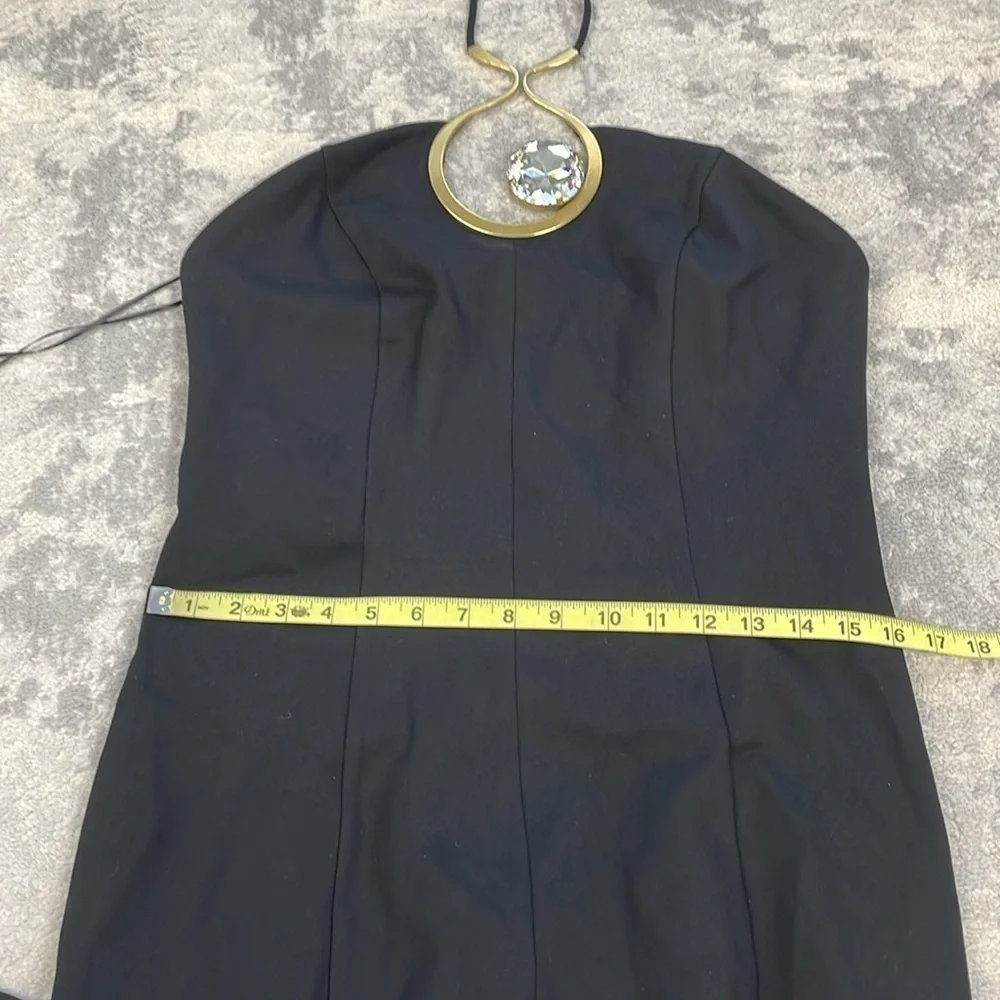 NWT AREA Crystal Cut Out Halter Jumpsuit Brass Glass Jewel Wide Leg Black Sz XL - Picture 12 of 16